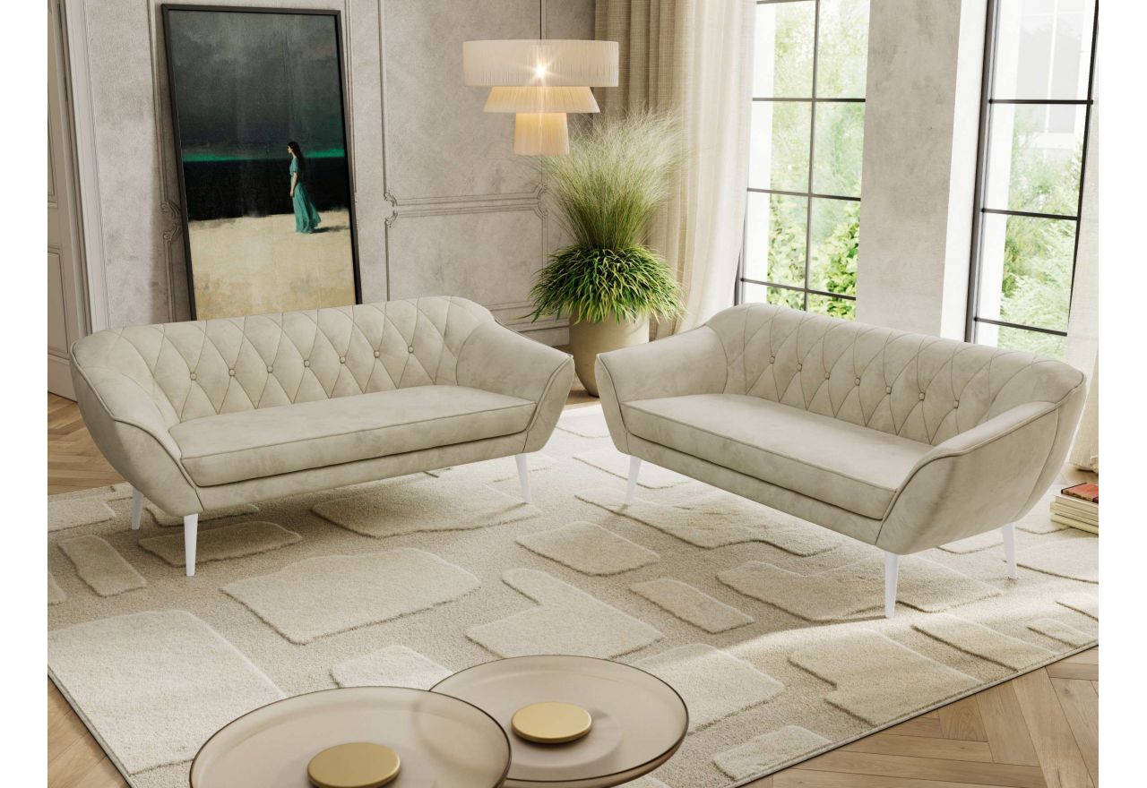 Zestaw PIRS 3+3 - kremowy, welwet - nóżki,  biały