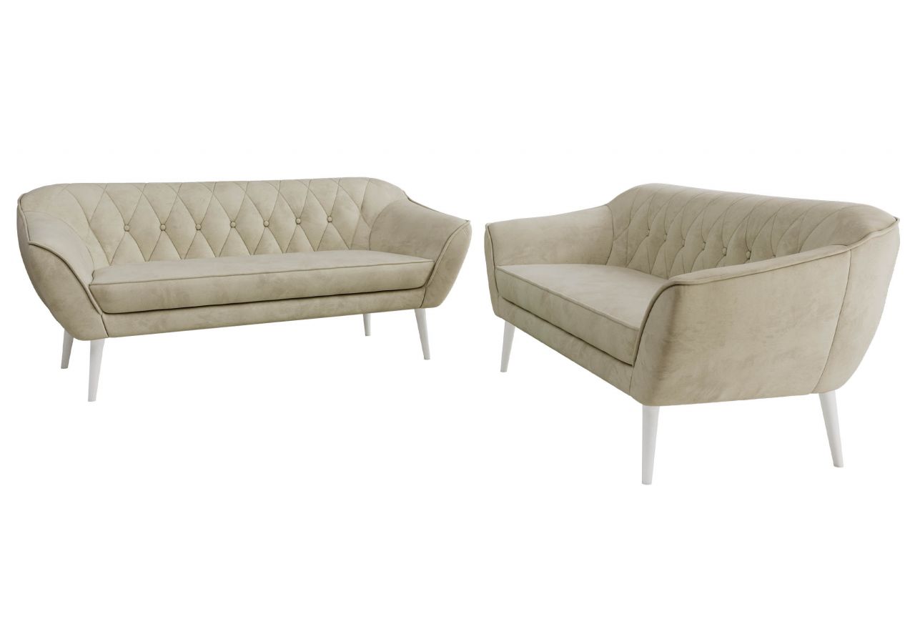 Zestaw PIRS 3+3 - kremowy, welwet - nóżki,  biały