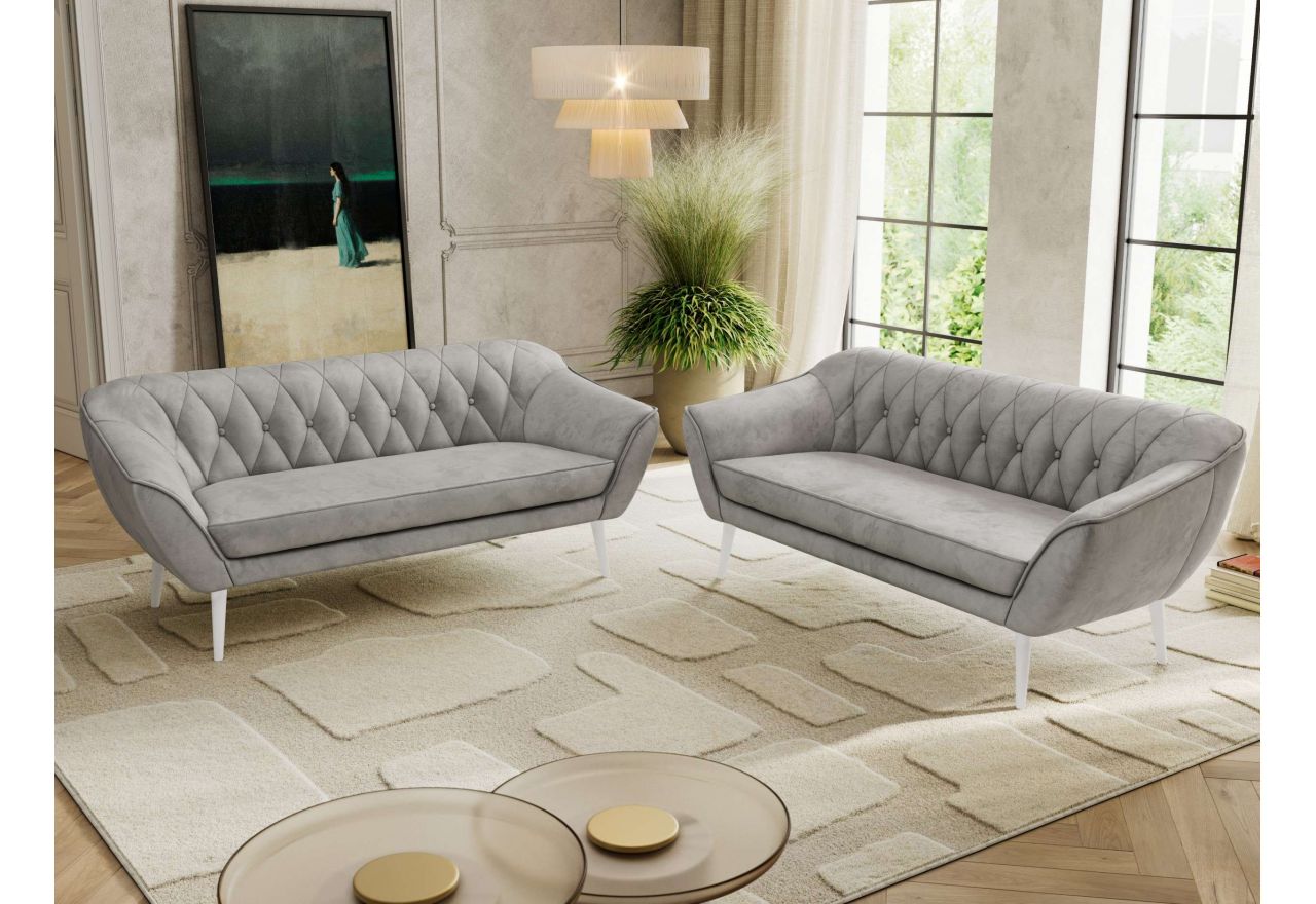 Zestaw PIRS 3+3 - jasnoszary, welwet - nóżki,  biały