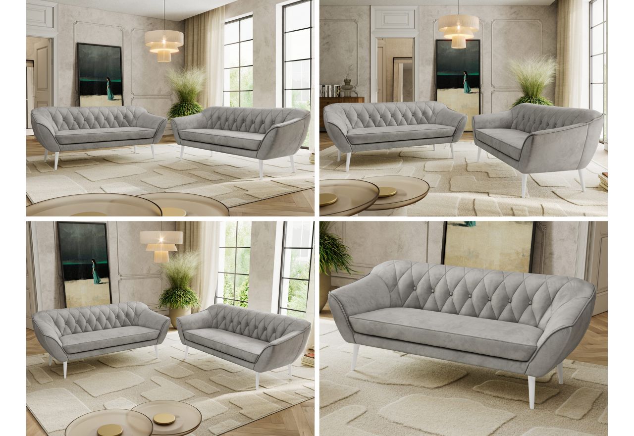 Zestaw PIRS 3+3 - jasnoszary, welwet - nóżki,  biały