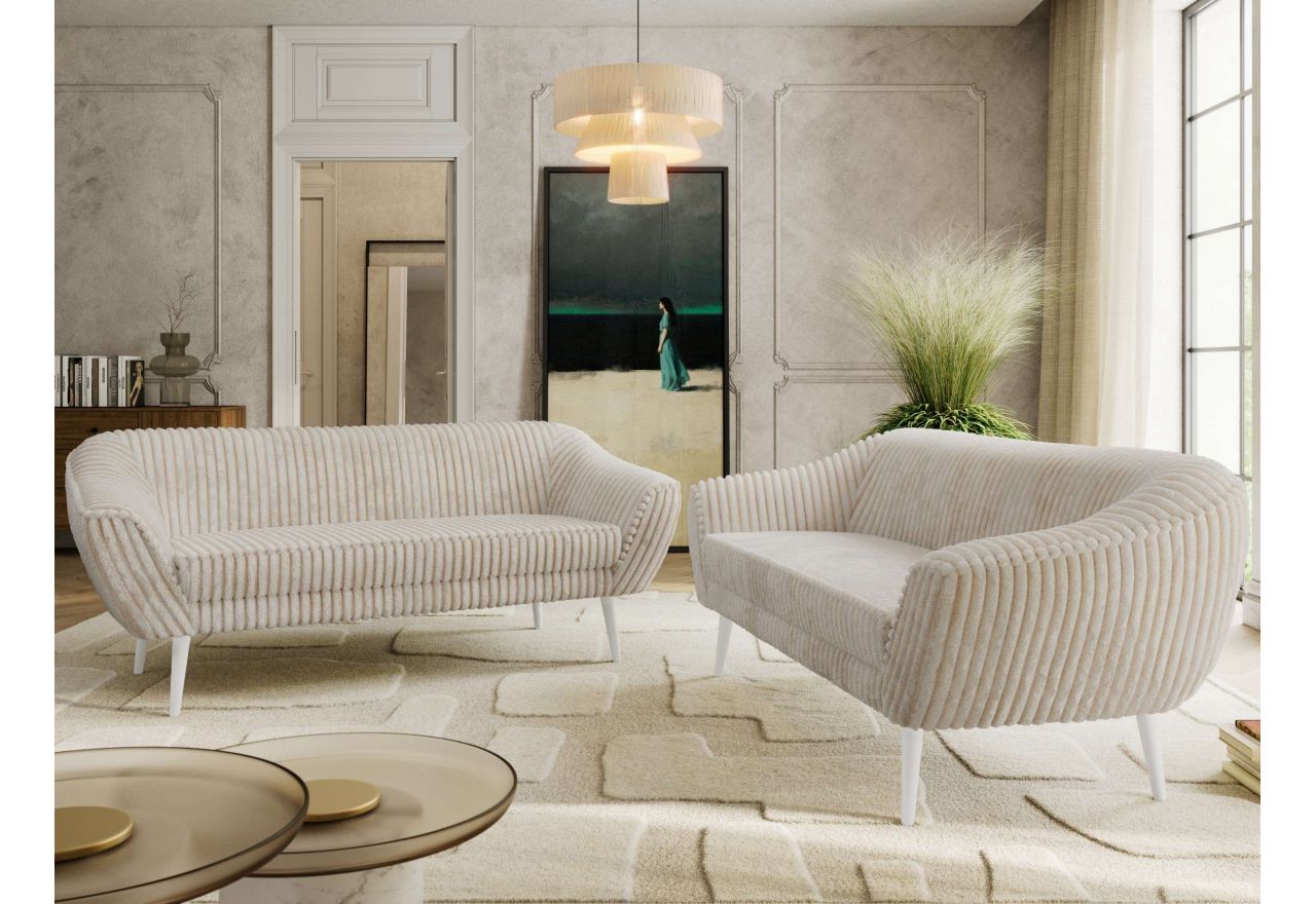 Zestaw PIRS 3+3 - beżowy, sztruks - nóżki,  biały