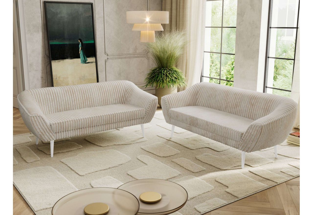 Zestaw PIRS 3+3 - beżowy, sztruks - nóżki,  biały