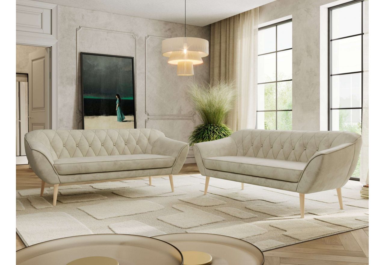 Zestaw PIRS 3+3 - kremowy, welwet - nóżki,  buk