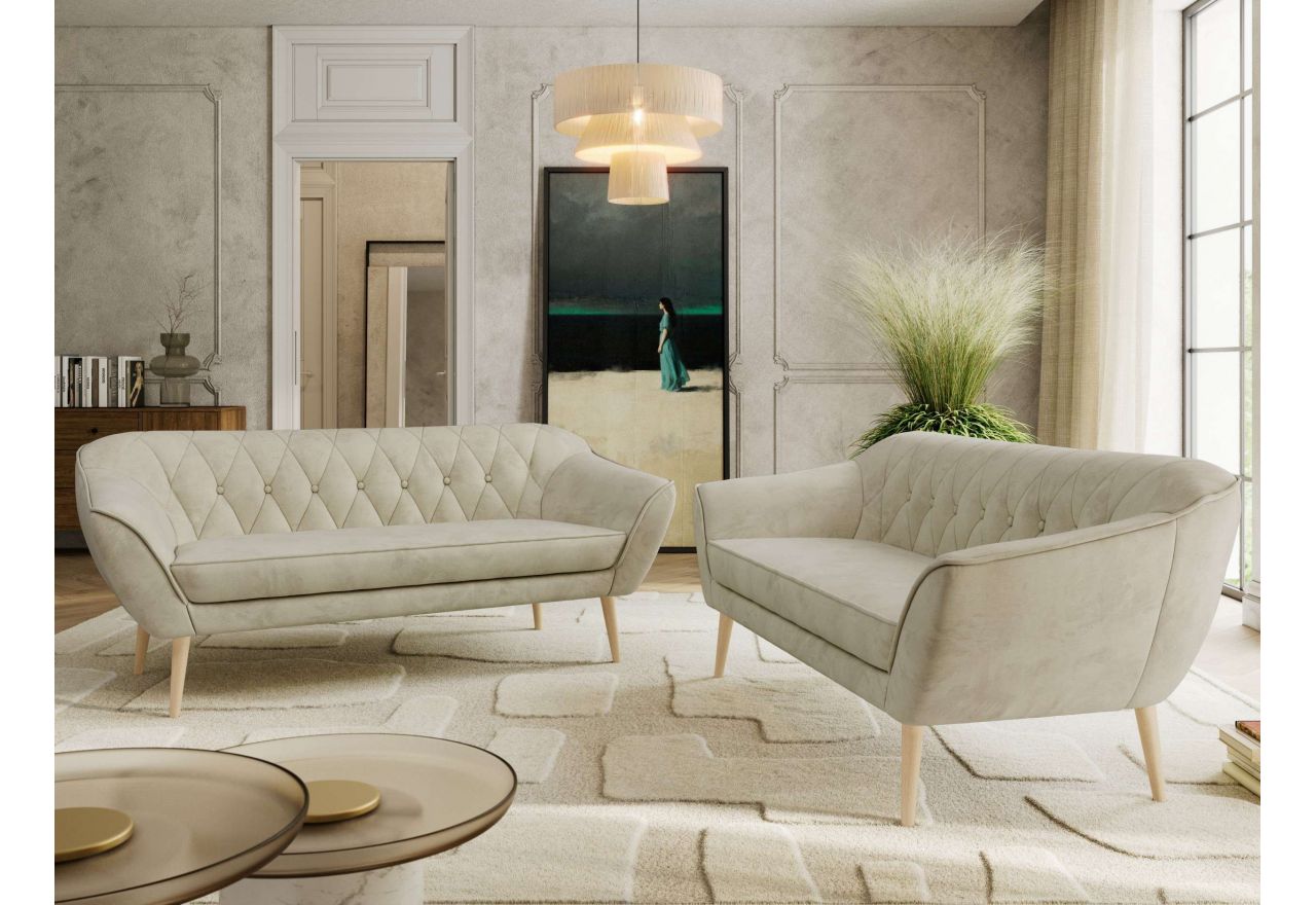 Zestaw PIRS 3+3 - kremowy, welwet - nóżki,  buk