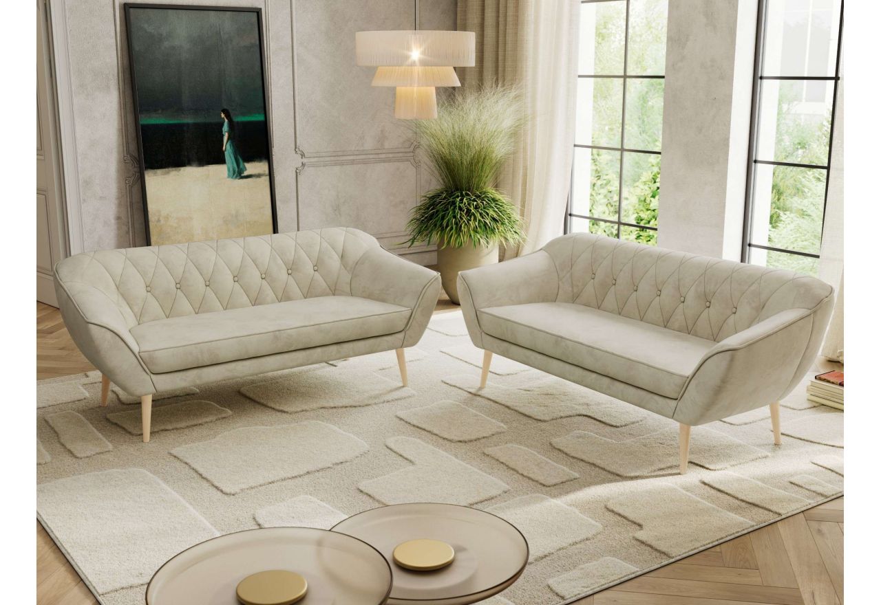 Zestaw PIRS 3+3 - kremowy, welwet - nóżki,  buk