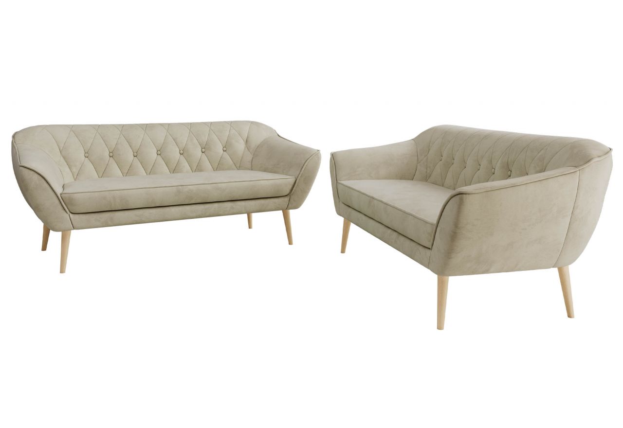 Zestaw PIRS 3+3 - kremowy, welwet - nóżki,  buk