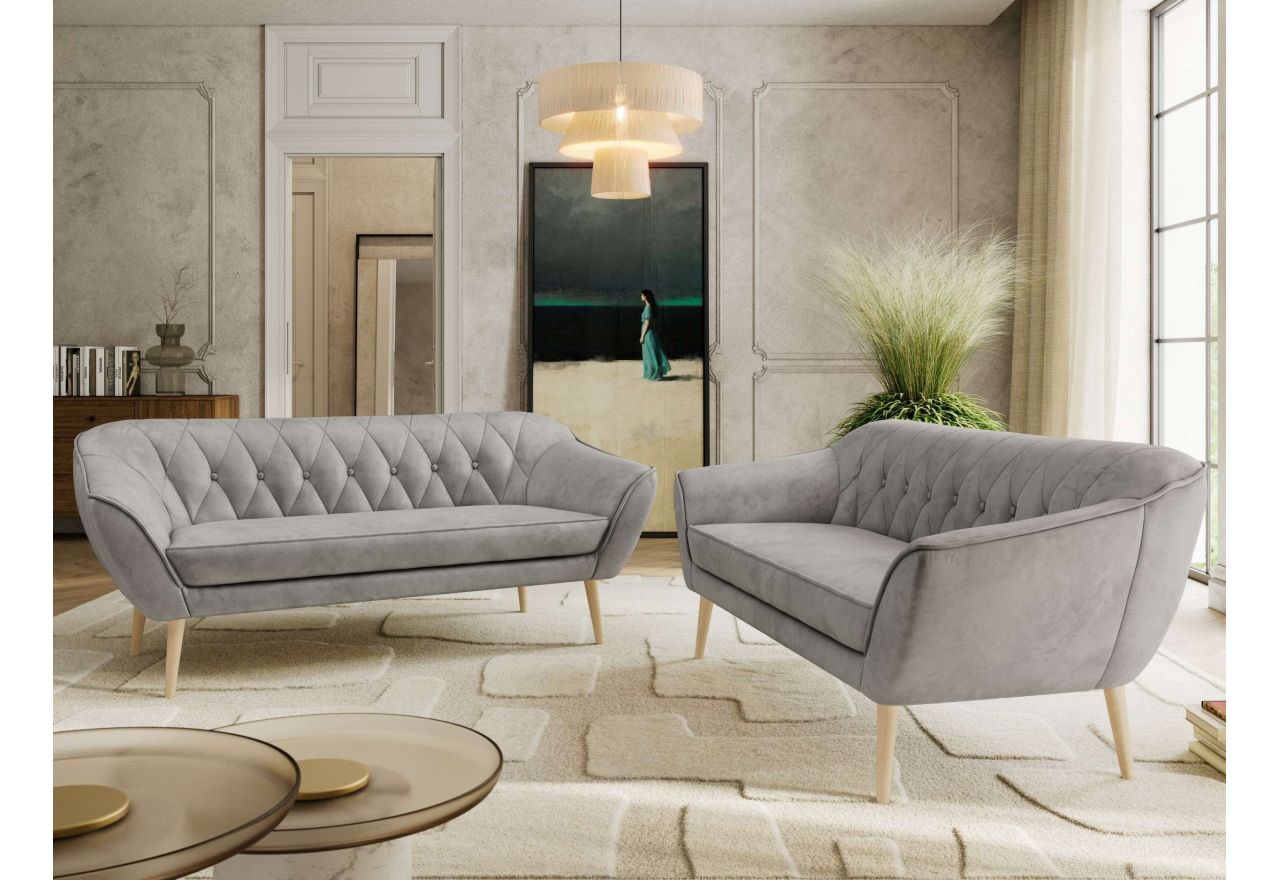 Zestaw PIRS 3+3 - jasnoszary, welwet - nóżki,  buk