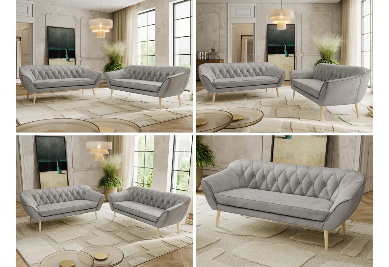 Zestaw PIRS 3+3 - jasnoszary, welwet - nóżki,  buk