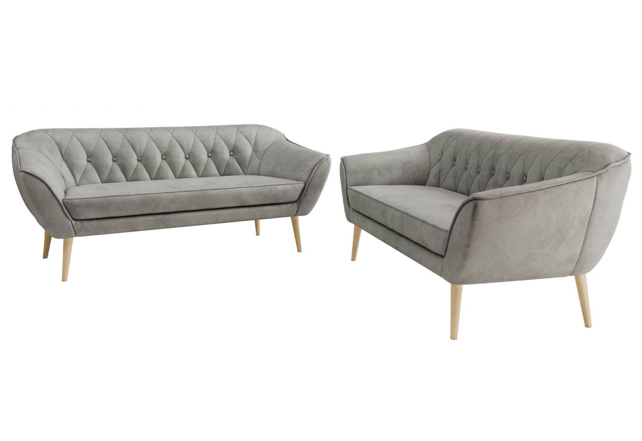 Zestaw PIRS 3+3 - jasnoszary, welwet - nóżki,  buk