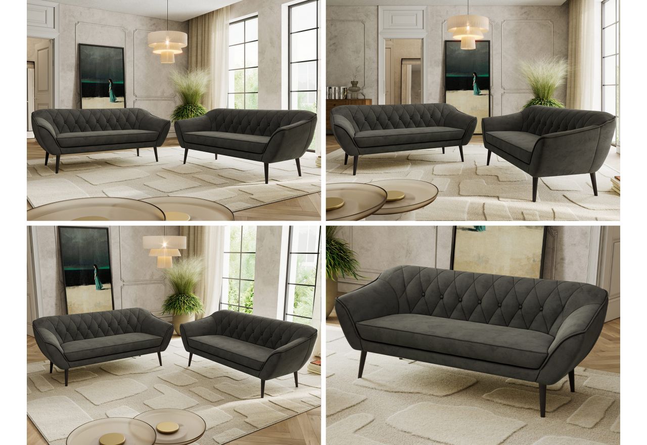 Zestaw PIRS 3+3 - ciemnoszary, welwet - nóżki,  czarny