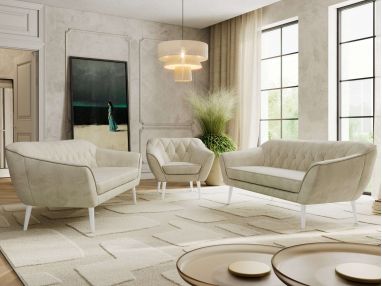 Zestaw PIRS 3+3+1 - kremowy, welwet - nóżki,  biały