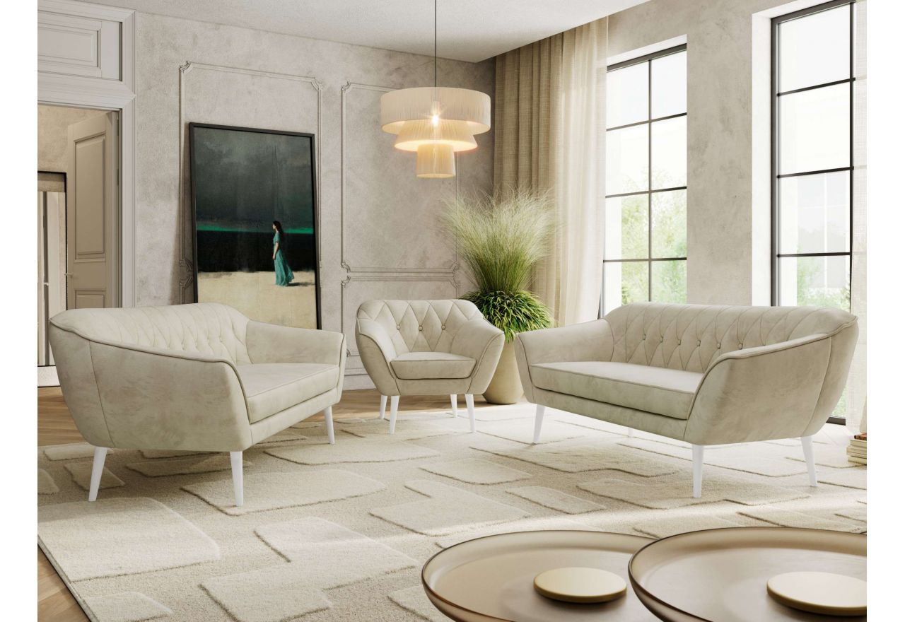 Zestaw PIRS 3+3+1 - kremowy, welwet - nóżki,  biały