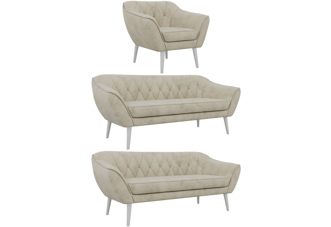 Zestaw PIRS 3+3+1 - kremowy, welwet - nóżki,  biały