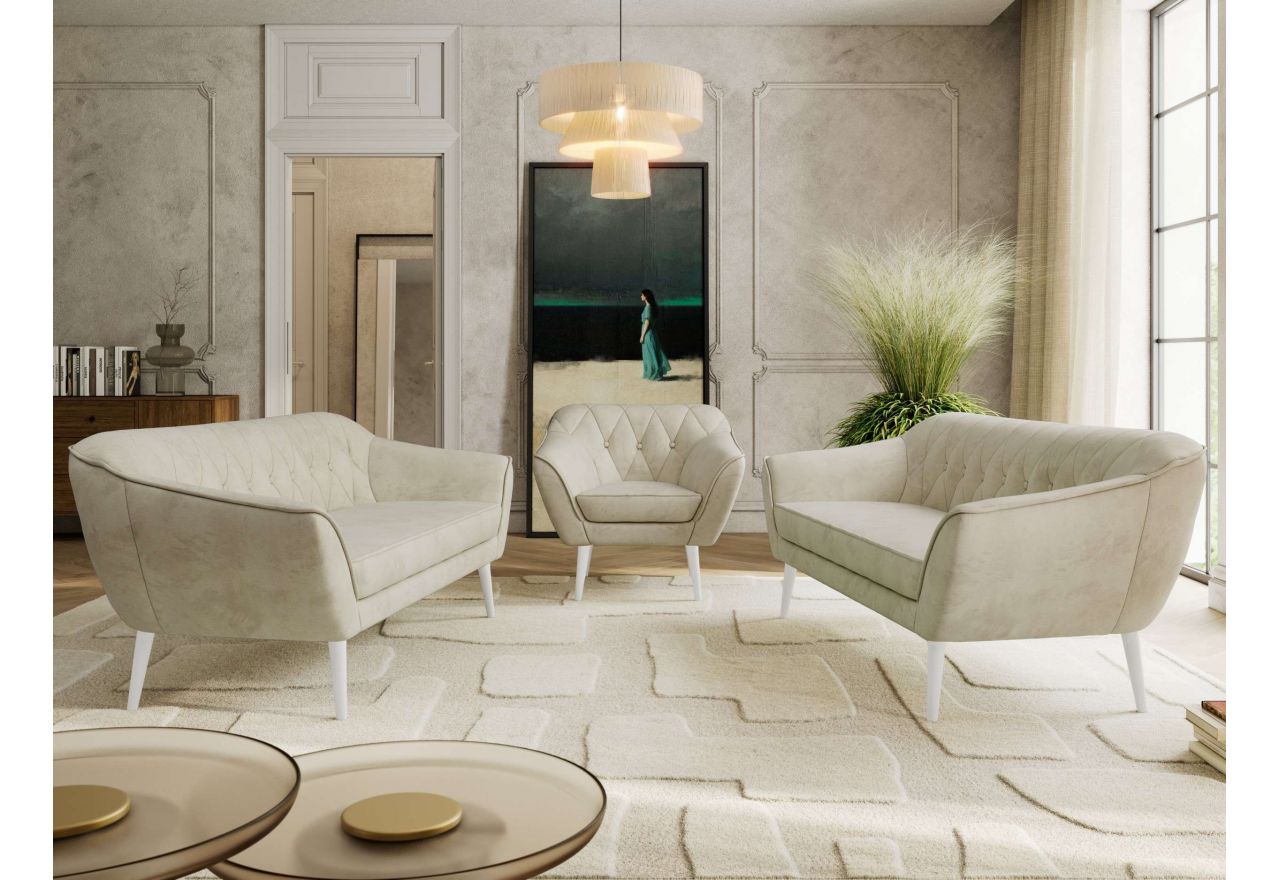 Zestaw PIRS 3+3+1 - kremowy, welwet - nóżki,  biały