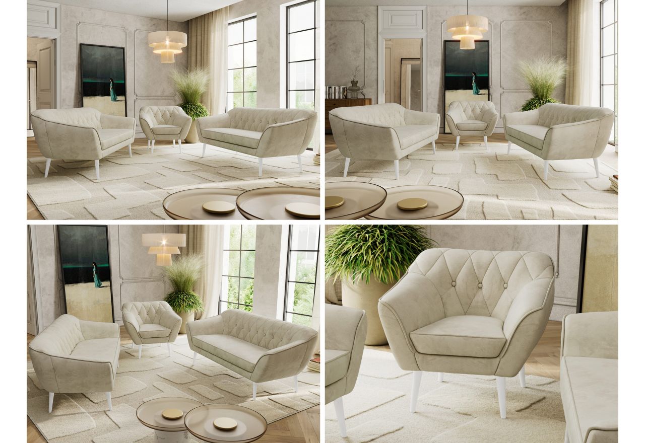 Zestaw PIRS 3+3+1 - kremowy, welwet - nóżki,  biały