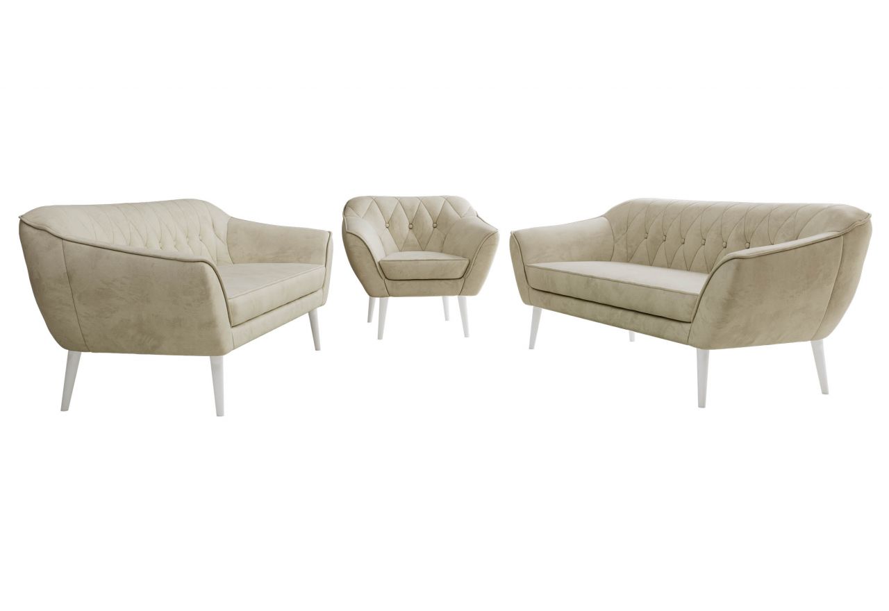 Zestaw PIRS 3+3+1 - kremowy, welwet - nóżki,  biały