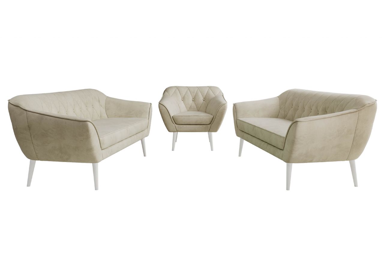 Zestaw PIRS 3+3+1 - kremowy, welwet - nóżki,  biały