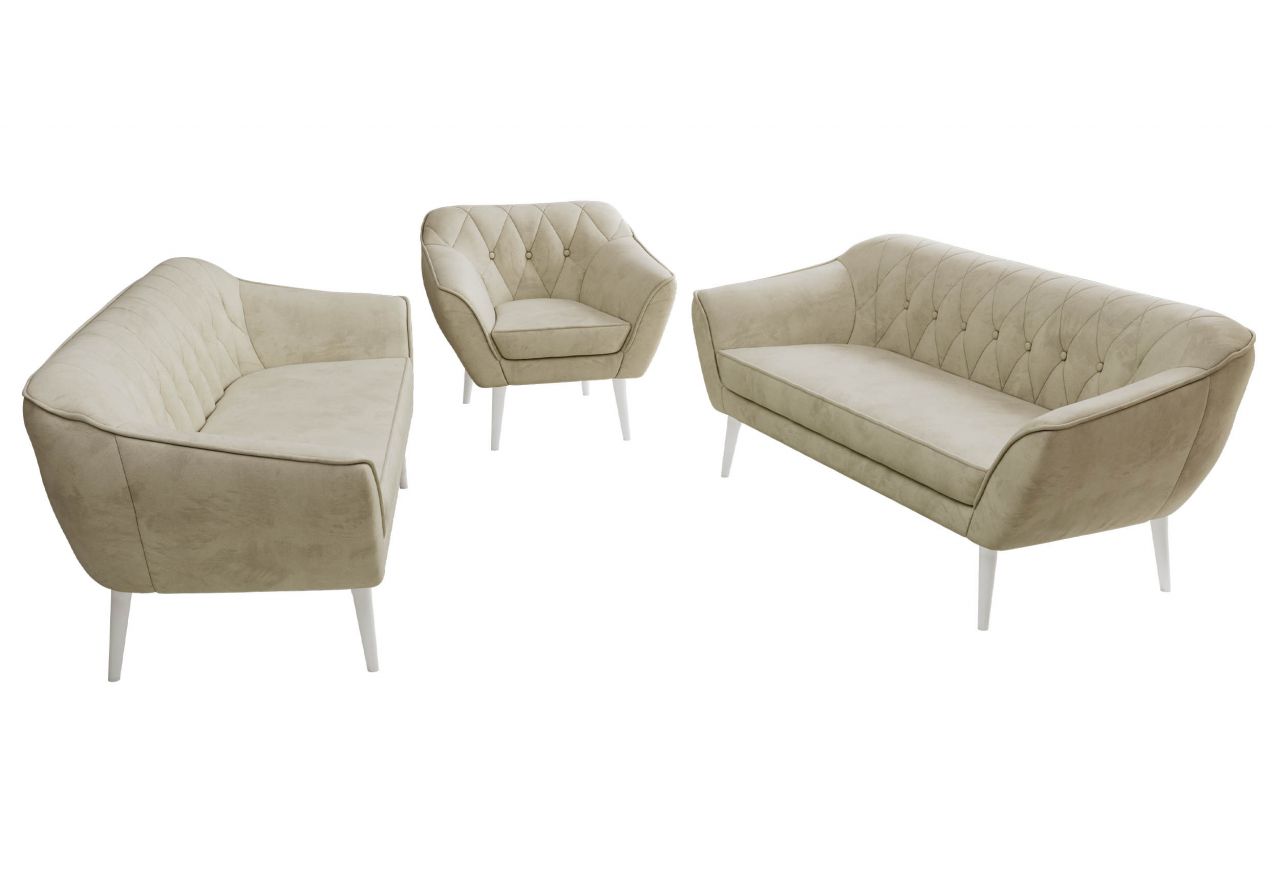 Zestaw PIRS 3+3+1 - kremowy, welwet - nóżki,  biały