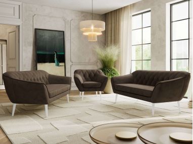 Zestaw PIRS 3+3+1 - brązowy, welwet - nóżki,  biały