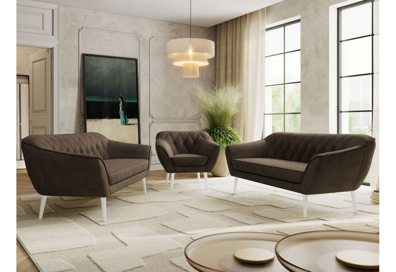 Zestaw PIRS 3+3+1 - brązowy, welwet - nóżki,  biały