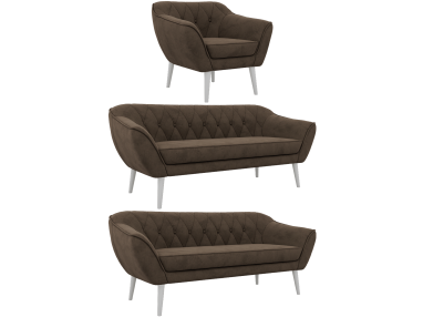 Zestaw PIRS 3+3+1 - brązowy, welwet - nóżki,  biały