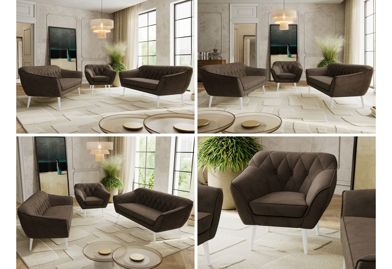 Zestaw PIRS 3+3+1 - brązowy, welwet - nóżki,  biały