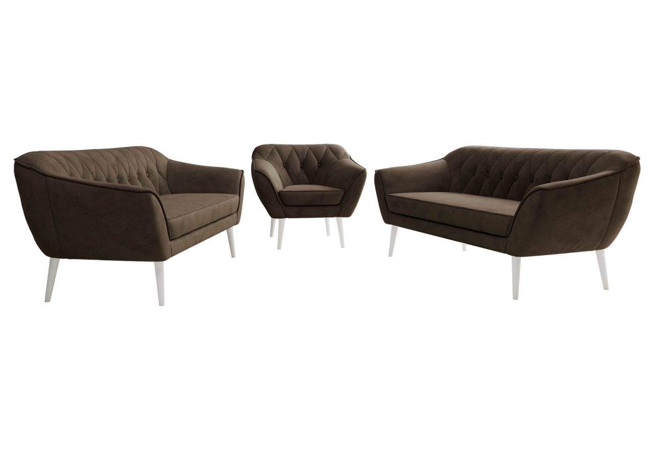 Zestaw PIRS 3+3+1 - brązowy, welwet - nóżki,  biały