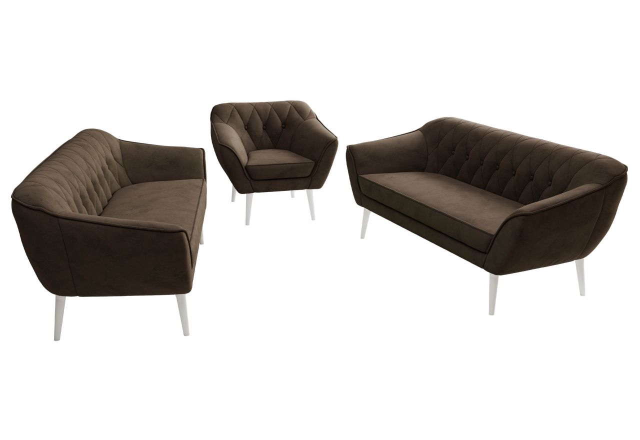 Zestaw PIRS 3+3+1 - brązowy, welwet - nóżki,  biały