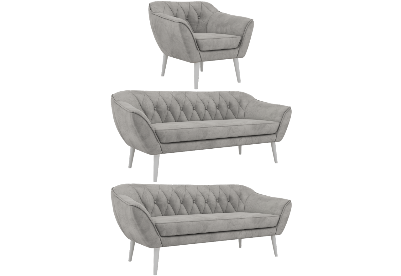 Zestaw PIRS 3+3+1 - jasnoszary, welwet - nóżki,  biały