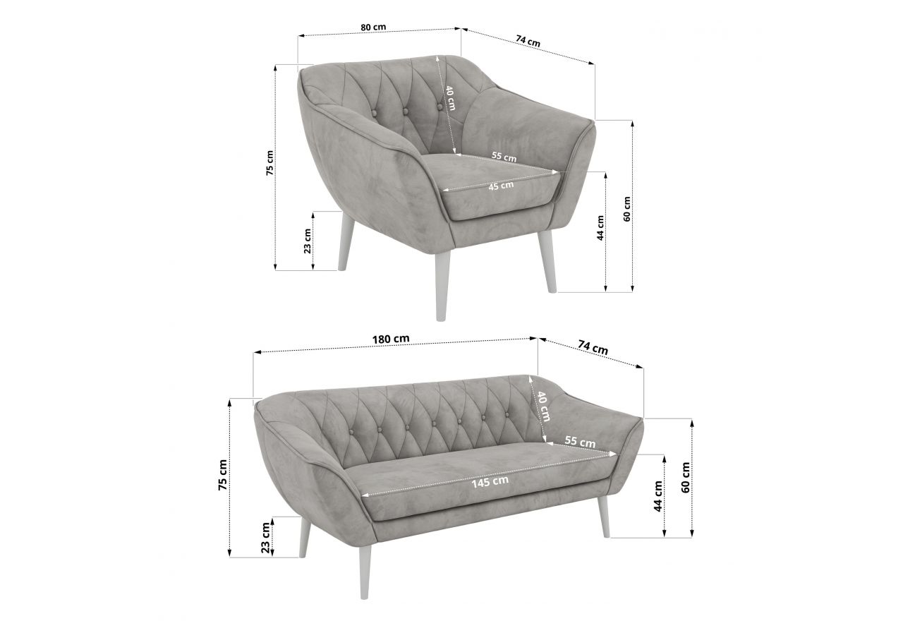Zestaw PIRS 3+3+1 - jasnoszary, welwet - nóżki,  biały