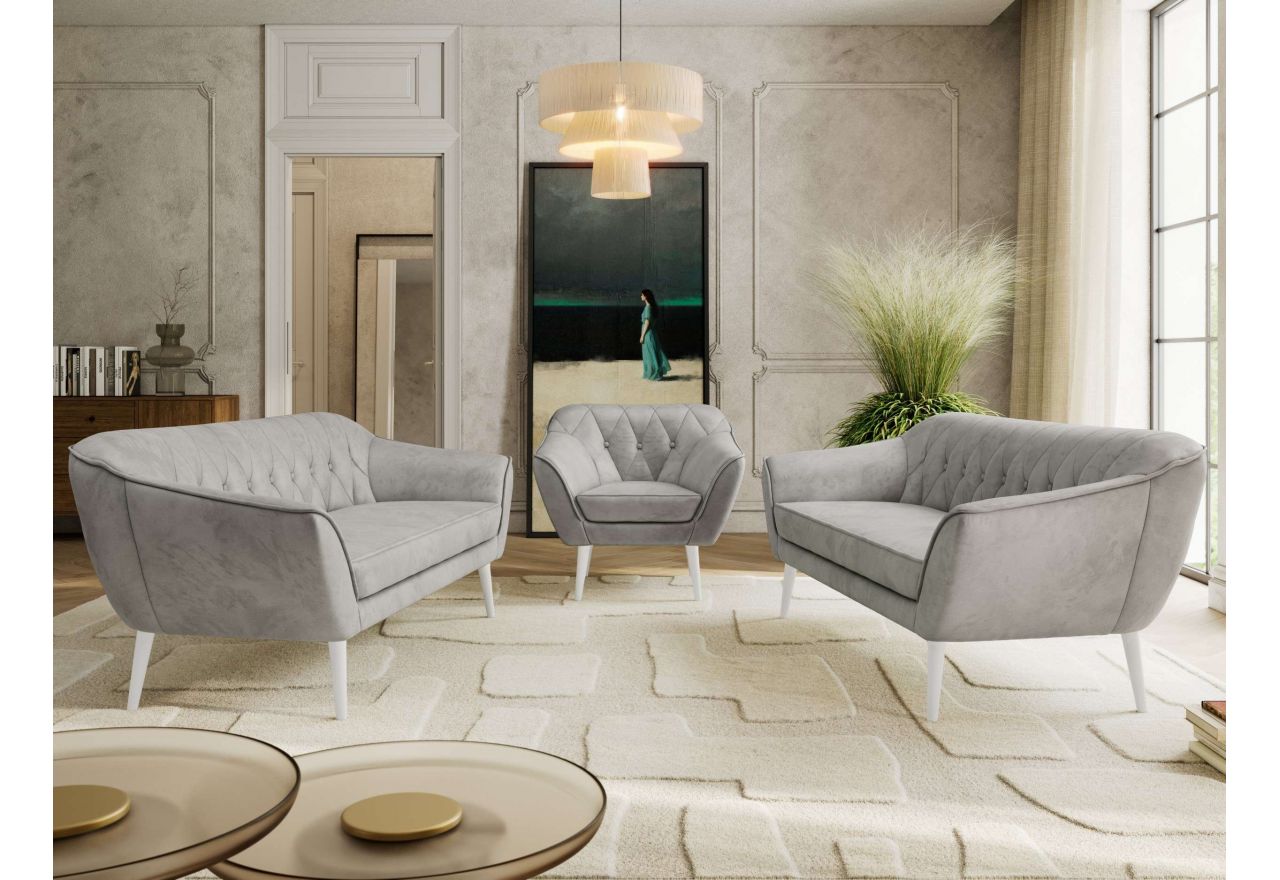 Zestaw PIRS 3+3+1 - jasnoszary, welwet - nóżki,  biały