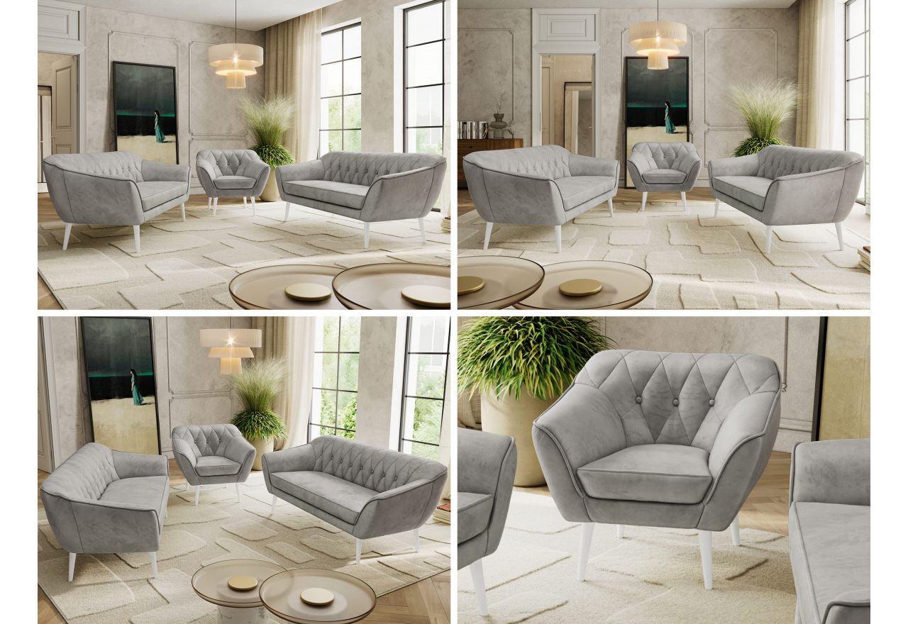 Zestaw PIRS 3+3+1 - jasnoszary, welwet - nóżki,  biały