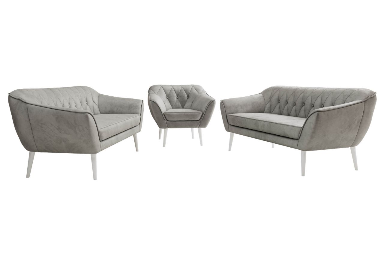 Zestaw PIRS 3+3+1 - jasnoszary, welwet - nóżki,  biały