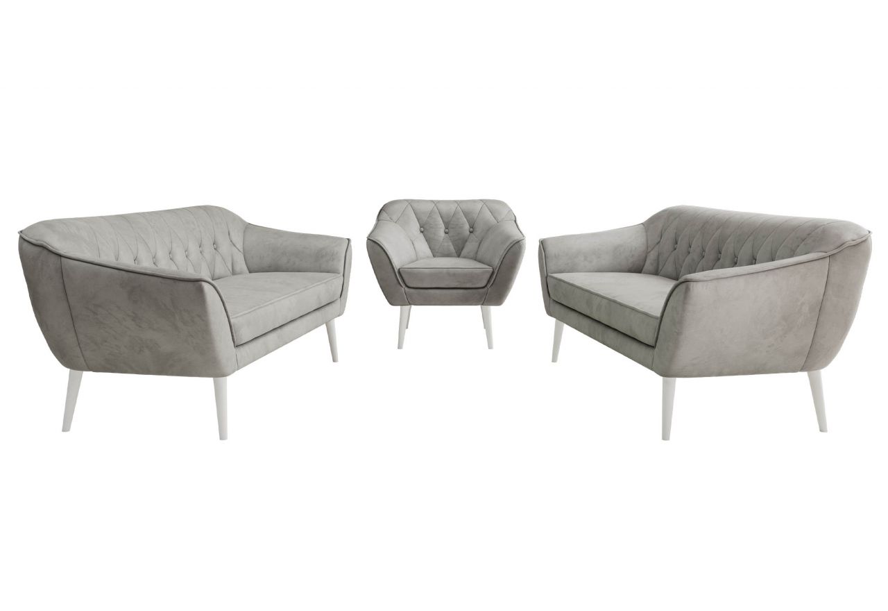 Zestaw PIRS 3+3+1 - jasnoszary, welwet - nóżki,  biały