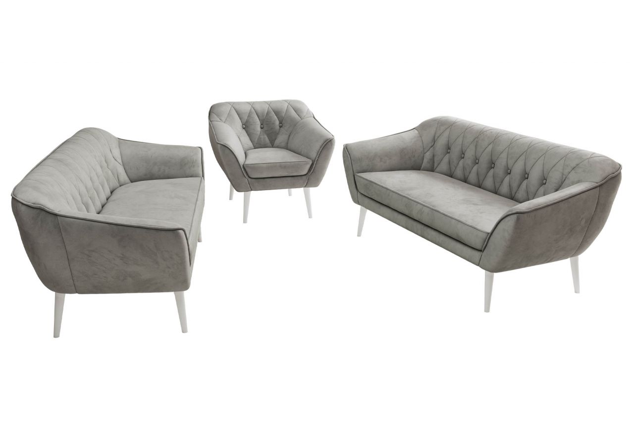 Zestaw PIRS 3+3+1 - jasnoszary, welwet - nóżki,  biały