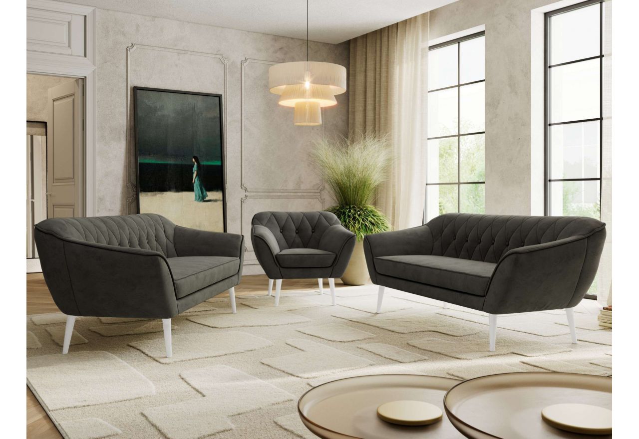 Zestaw PIRS 3+3+1 - ciemnoszary, welwet - nóżki,  biały