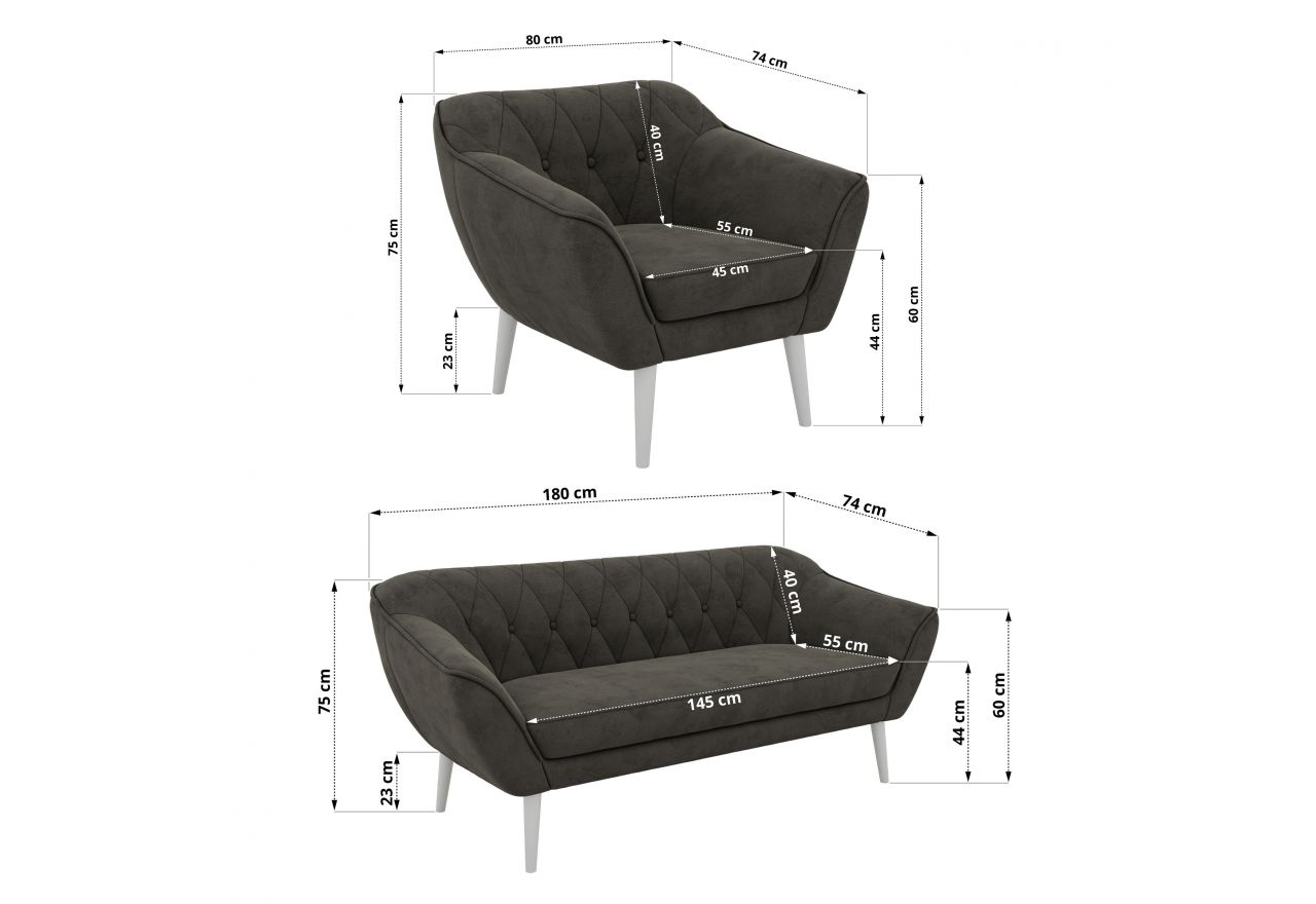 Zestaw PIRS 3+3+1 - ciemnoszary, welwet - nóżki,  biały