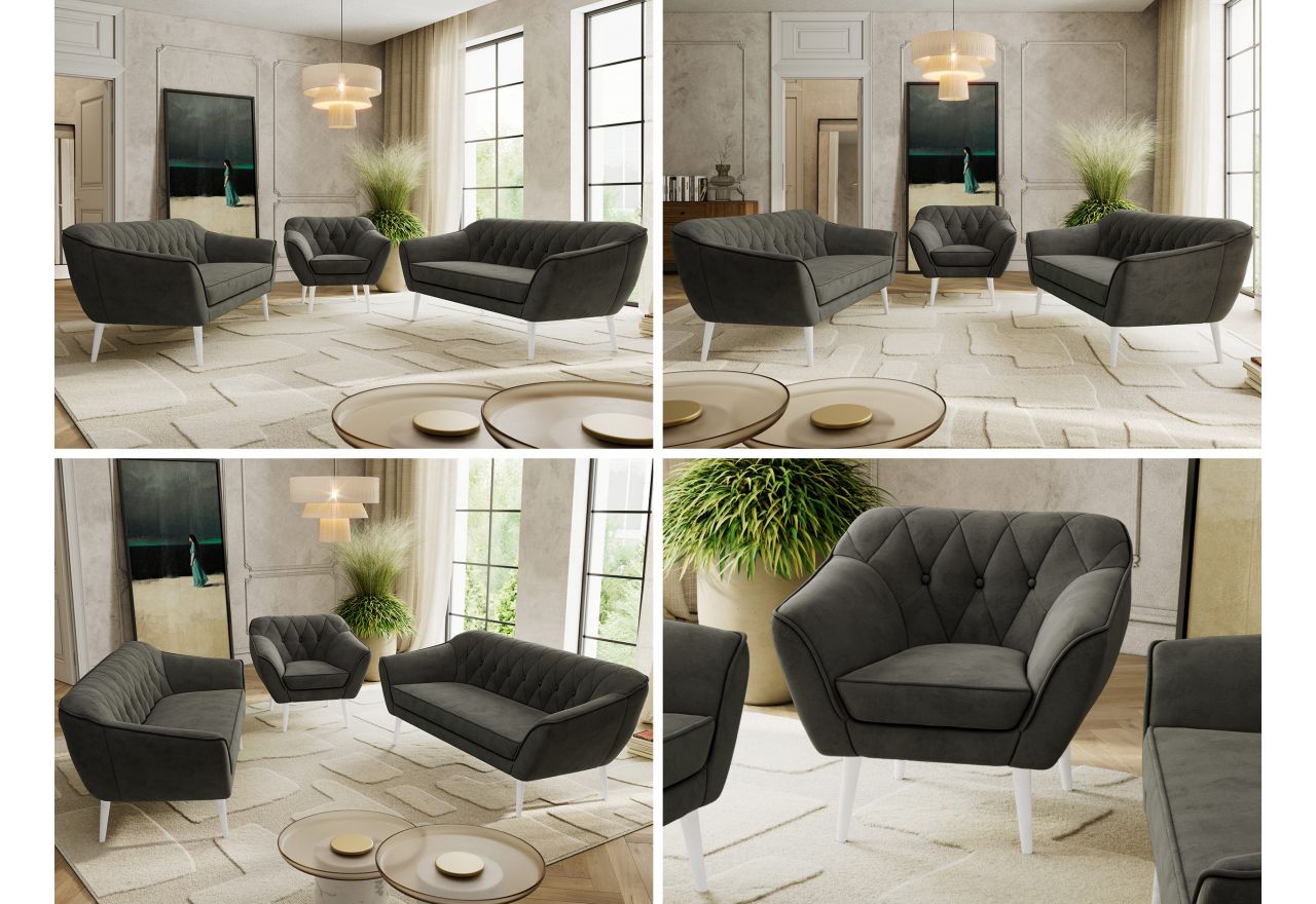 Zestaw PIRS 3+3+1 - ciemnoszary, welwet - nóżki,  biały