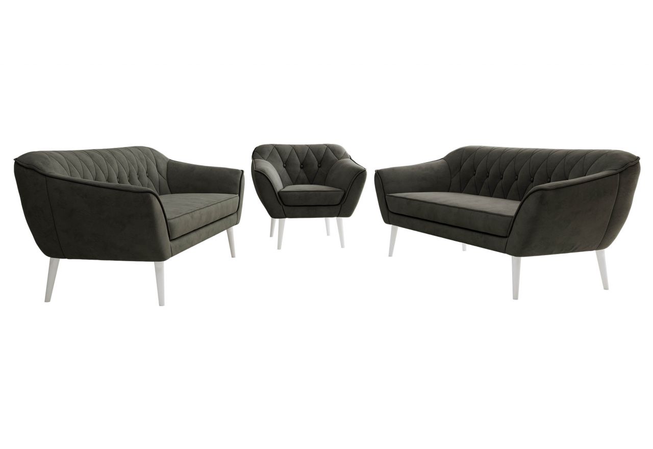 Zestaw PIRS 3+3+1 - ciemnoszary, welwet - nóżki,  biały