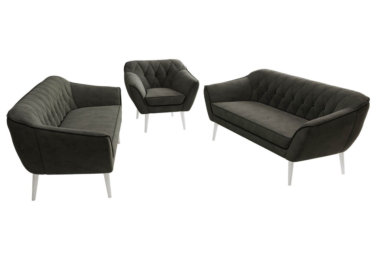 Zestaw PIRS 3+3+1 - ciemnoszary, welwet - nóżki,  biały