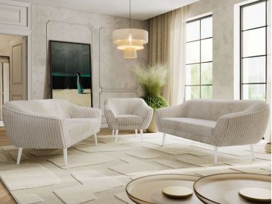 Zestaw PIRS 3+3+1 - beżowy, sztruks - nóżki,  biały