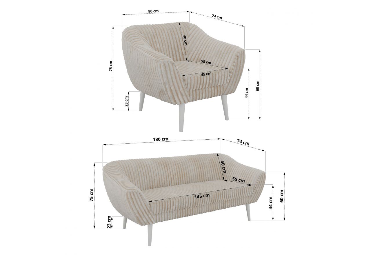 Zestaw PIRS 3+3+1 - beżowy, sztruks - nóżki,  biały