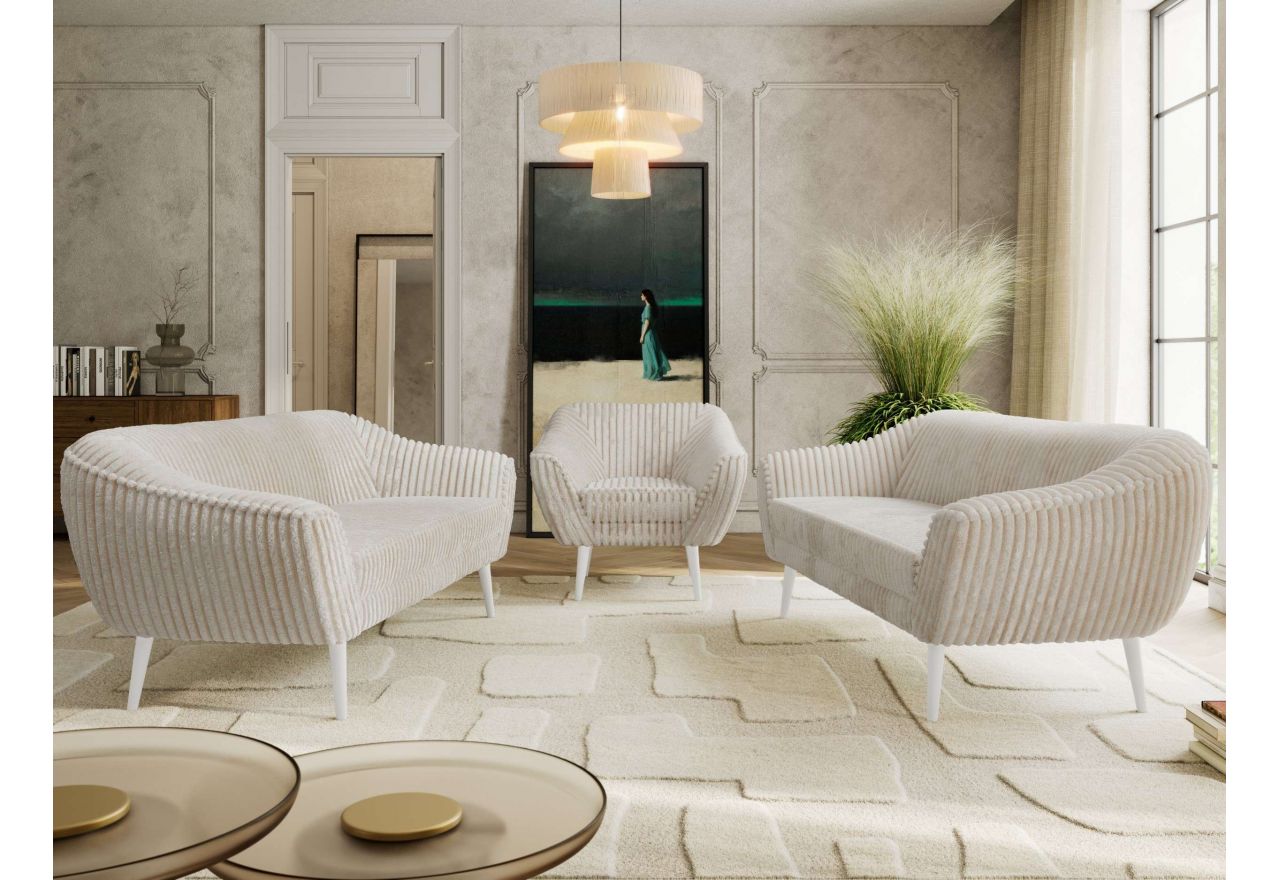 Zestaw PIRS 3+3+1 - beżowy, sztruks - nóżki,  biały