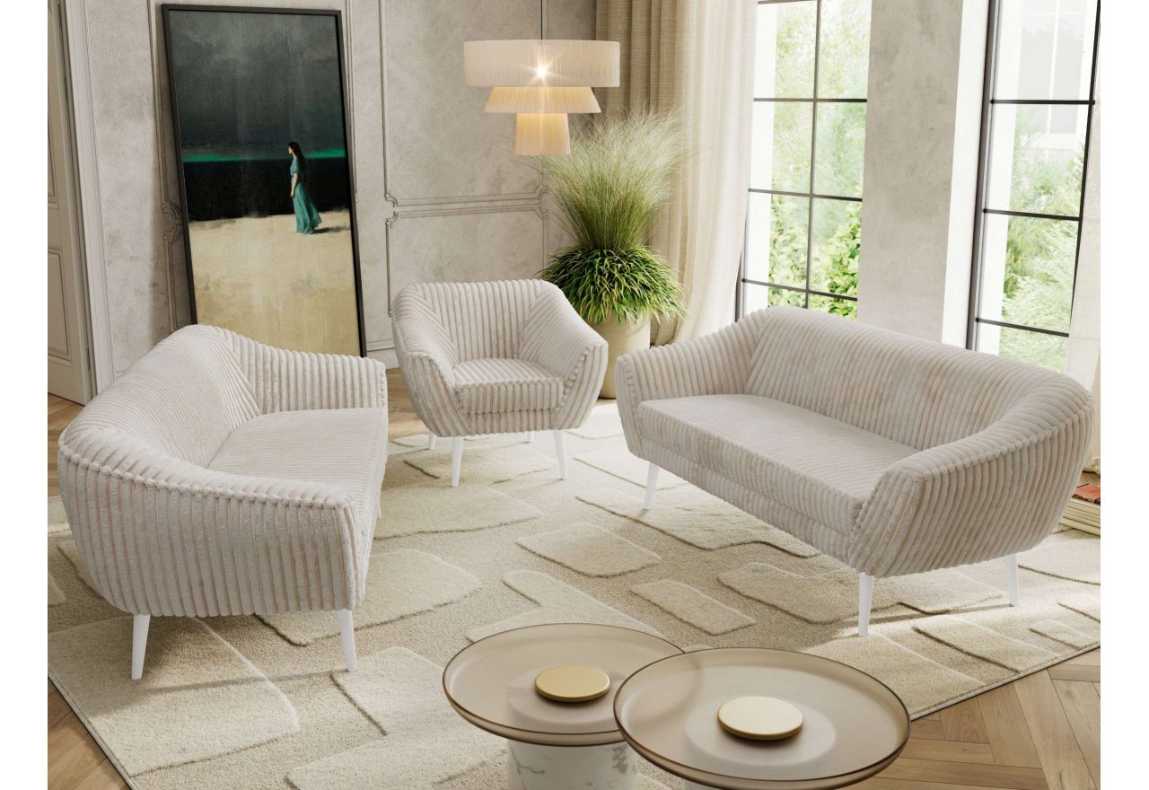 Zestaw PIRS 3+3+1 - beżowy, sztruks - nóżki,  biały