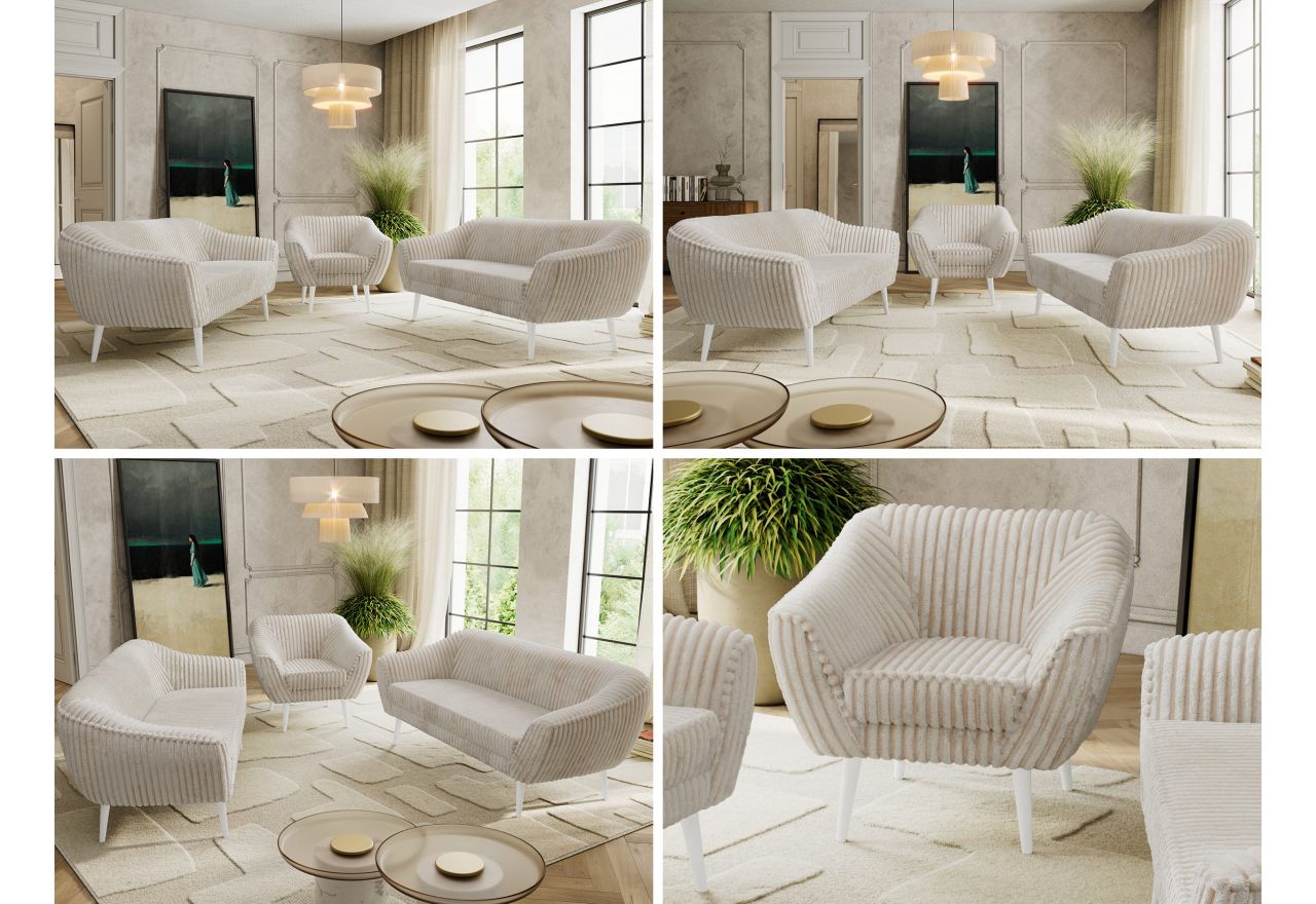 Zestaw PIRS 3+3+1 - beżowy, sztruks - nóżki,  biały