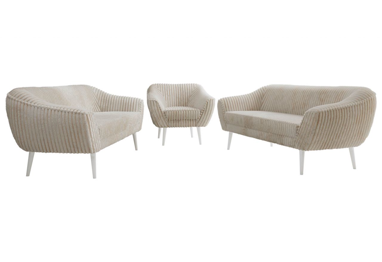 Zestaw PIRS 3+3+1 - beżowy, sztruks - nóżki,  biały