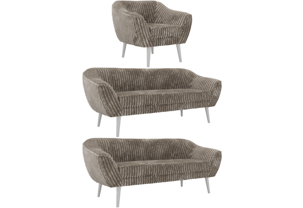 Zestaw PIRS 3+3+1 - jasnobrązowy, sztruks - nóżki,  biały