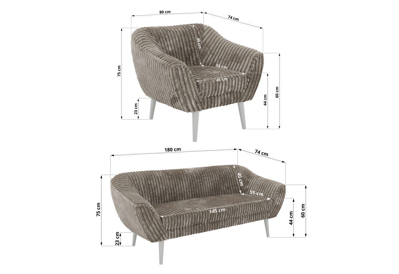 Zestaw PIRS 3+3+1 - jasnobrązowy, sztruks - nóżki,  biały
