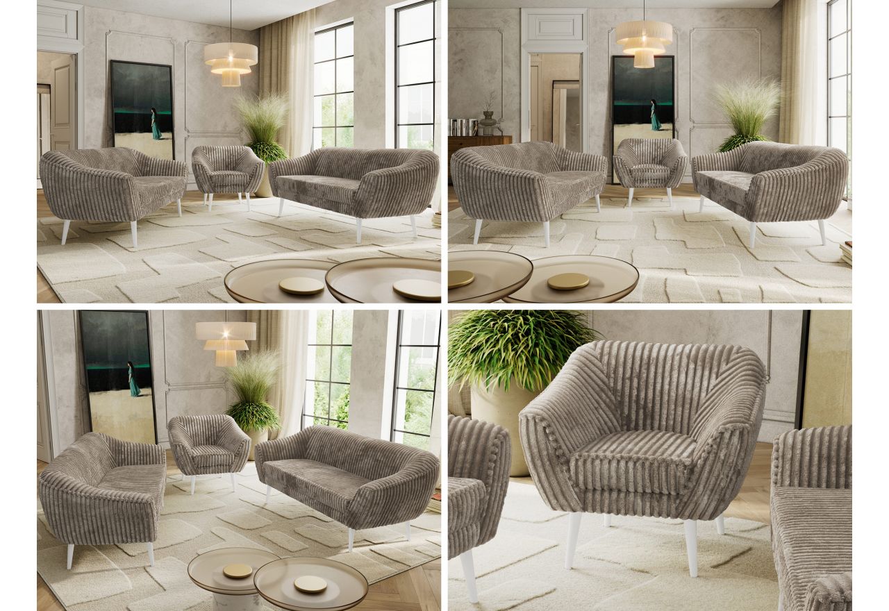 Zestaw PIRS 3+3+1 - jasnobrązowy, sztruks - nóżki,  biały