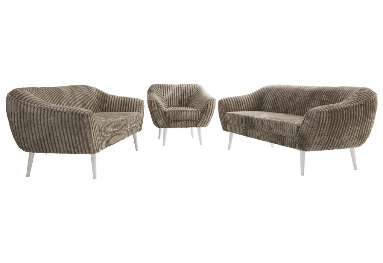 Zestaw PIRS 3+3+1 - jasnobrązowy, sztruks - nóżki,  biały